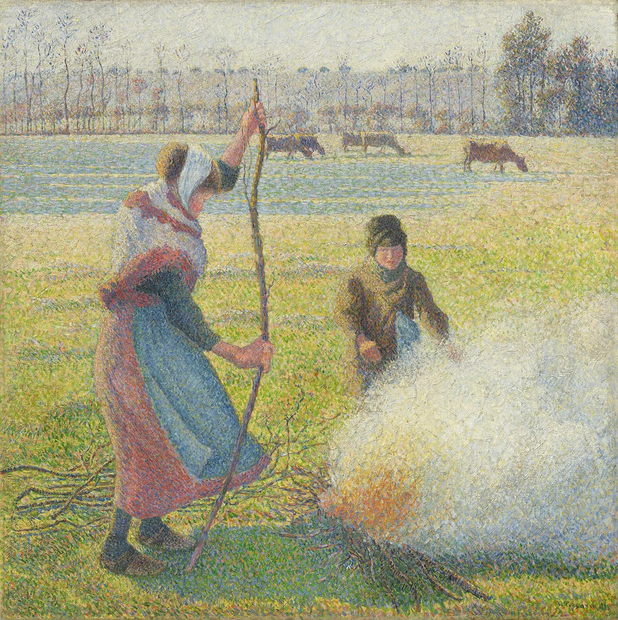 Jovem Camponesa fazendo fogo. Geada branca - Camille Pissarro