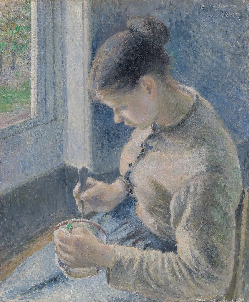 Jovem camponesa tomando seu café - Camille Pissarro