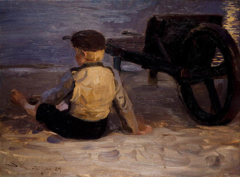 Jovem pescador sentado ao lado de uma carroça. Praia sul de Skagen. - Peder Severin Krøyer