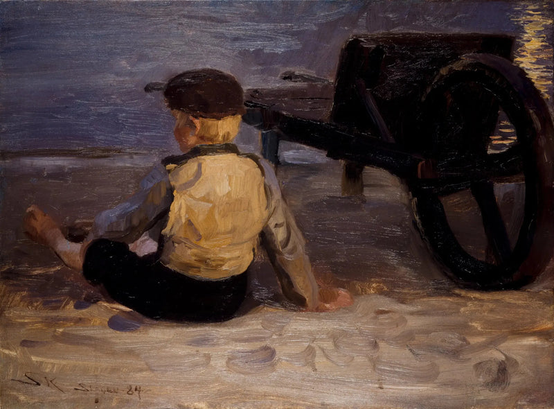 Jovem pescador sentado ao lado de uma carroça. Praia sul de Skagen. - Peder Severin Krøyer