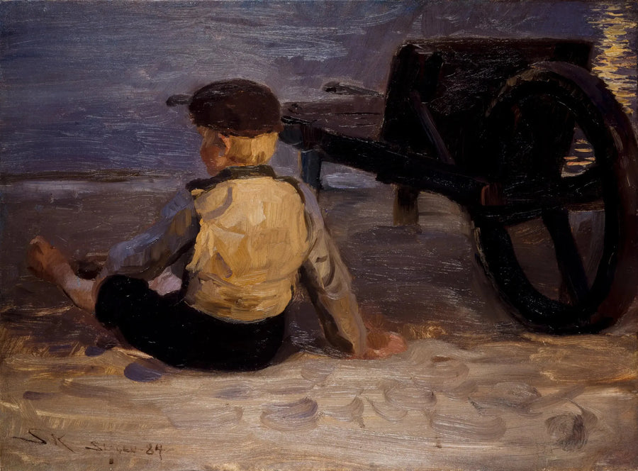 Jovem pescador sentado ao lado de uma carroça. Praia sul de Skagen. - Peder Severin Krøyer