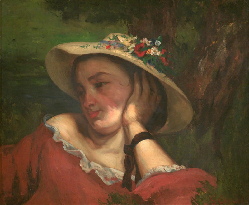Jovens senhoras às margens do Sena – fragmento de uma pintura (Mulher com flores no chapéu) - Gustave Courbet