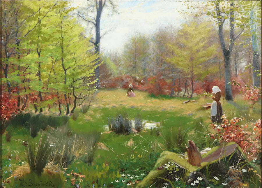 Jovens garotas colhendo anêmonas em uma floresta primaveril - H. A. Brendekilde