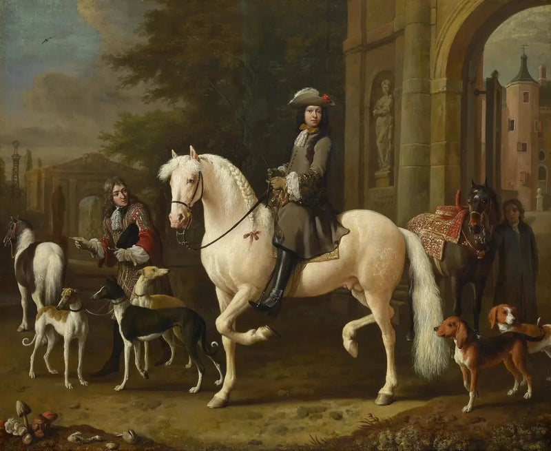 Johan Ortt (1642-1701) a cavalo atravessa a porta do castelo de Nijenrode - Melchior de Hondecoeter
