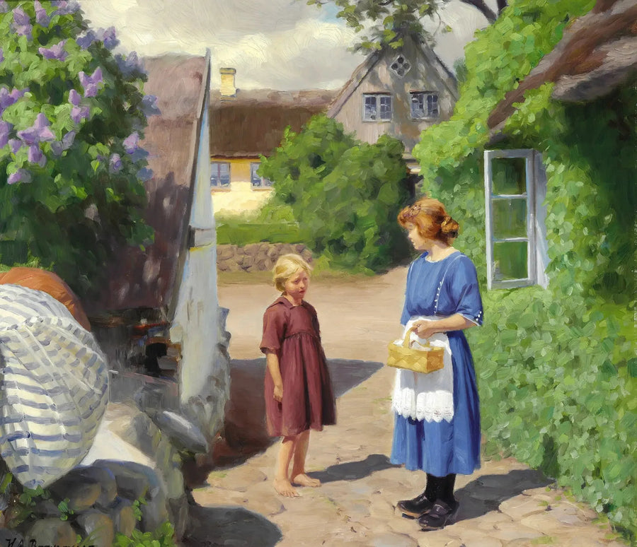 Dia de verão em Jyllinge. Lilás em flor e meninas pequenas na rua da vila. - H. A. Brendekilde