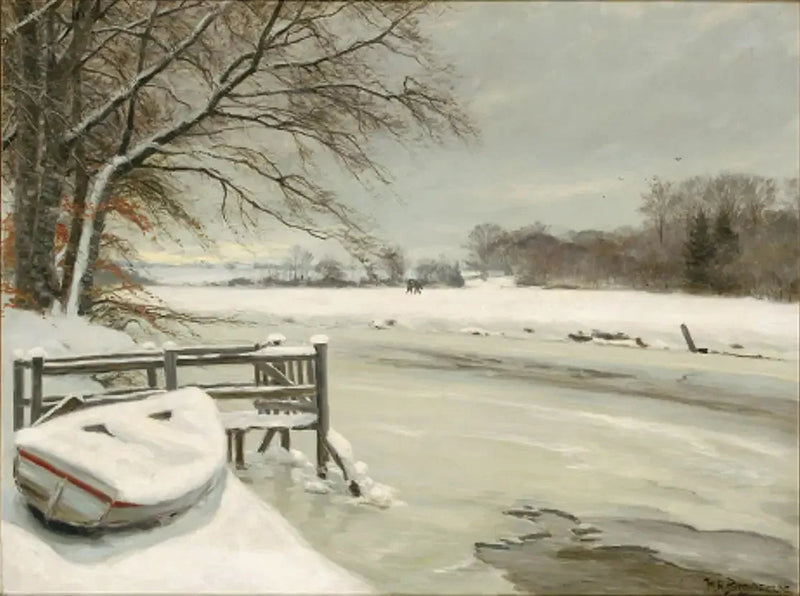 Dia de inverno às margens de um riacho, com caçadores ao fundo. - H. A. Brendekilde