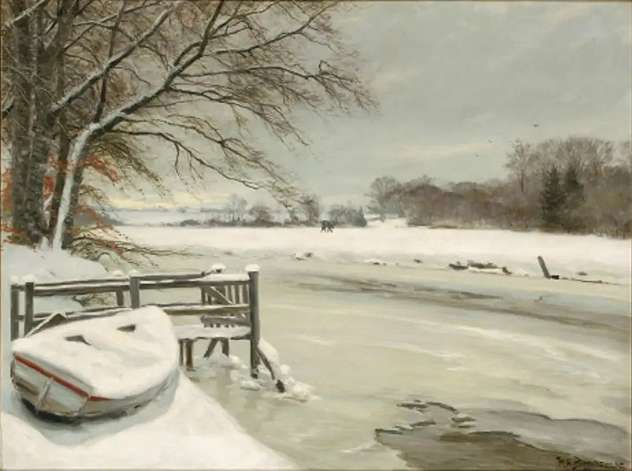 Dia de inverno às margens de um riacho, com caçadores ao fundo. - H. A. Brendekilde