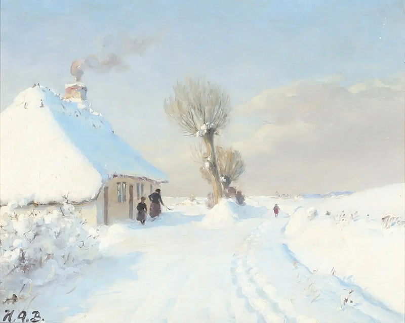 Dia de inverno ensolarado com mãe e criança na frente de uma cabana. - H. A. Brendekilde