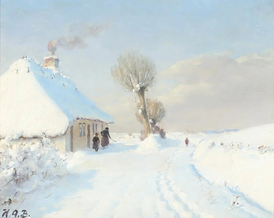 Dia de inverno ensolarado com mãe e criança na frente de uma cabana. - H. A. Brendekilde