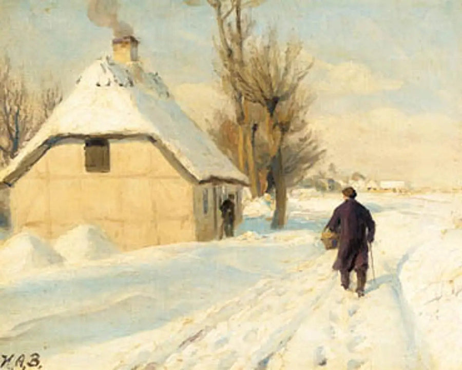 Dia de inverno perto de uma casa com telhado de palha. Um homem caminha pela estrada coberta de neve. - H. A. Brendekilde