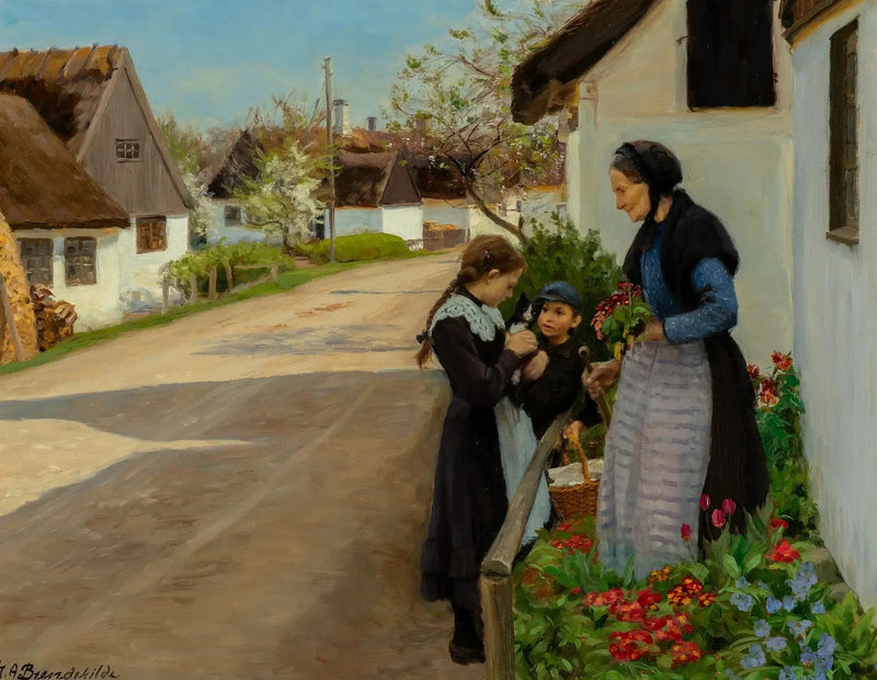 Dia de primavera na aldeia. O gatinho é dado de presente para a avó. - H. A. Brendekilde