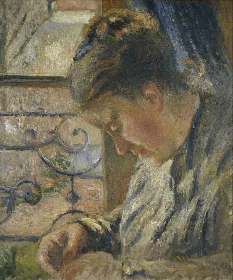 Julie Pissarro costurando, a casa vermelha, Pontoise - Camille Pissarro
