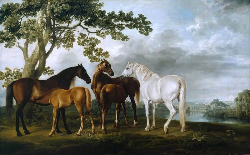  Éguas e potros em uma paisagem fluvial - George Stubbs