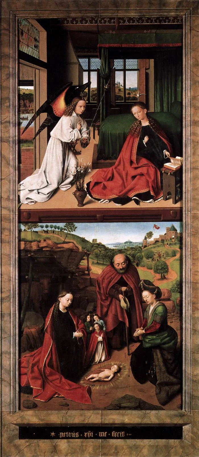 A adoração do Menino Jesus; ao fundo, a Anunciação aos pastores. - Petrus Christus