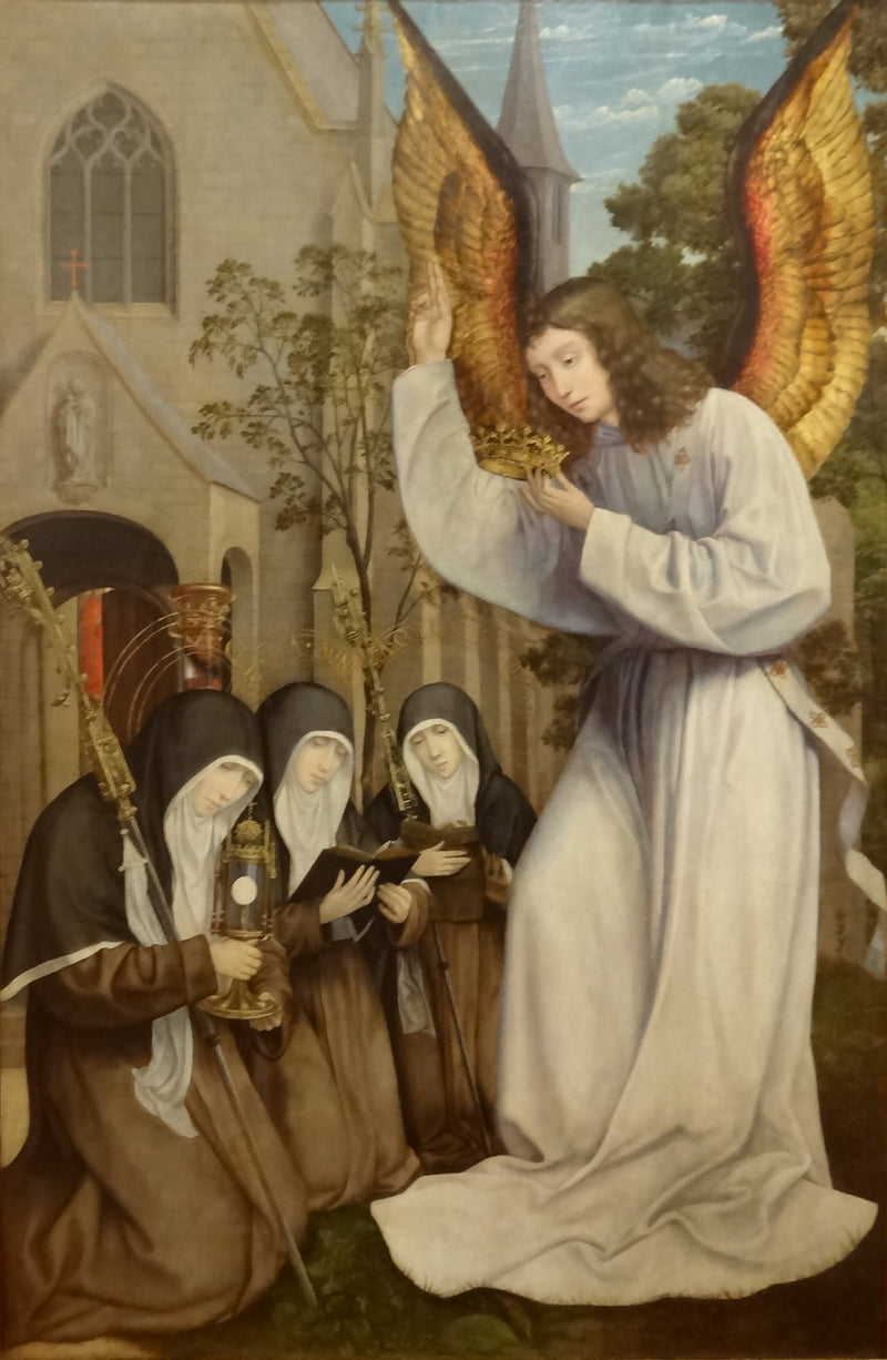 A Aparição do Anjo a Santa Clara, Santa Inês de Assis e Santa Coleta de Corbie - Quentin Metsys