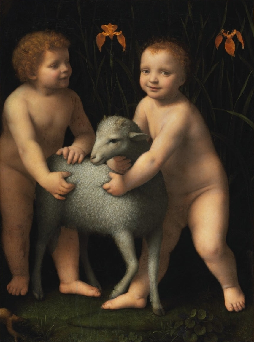 O Menino Jesus e o pequeno São João Batista com um cordeiro - Bernardino Luini