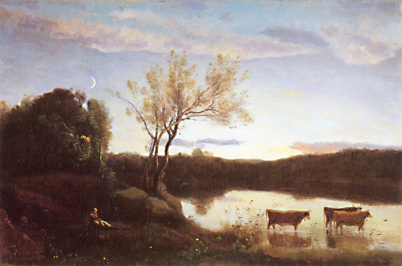 O Estanque com Três Vacas e a Lua Crescente - Jean-Baptiste Camille Corot