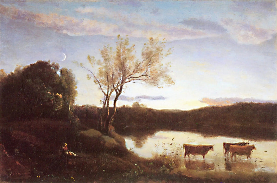 O Estanque com Três Vacas e a Lua Crescente - Jean-Baptiste Camille Corot