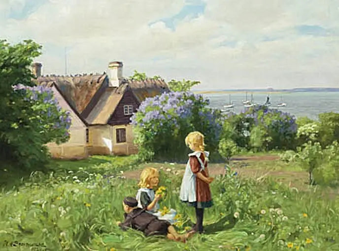 O verão no fiorde de Roskilde, as crianças fazem coroas de flores. - H. A. Brendekilde
