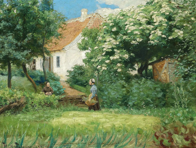 O verão no jardim. Duas mulheres conversam perto de um castanheiro em flor. - H. A. Brendekilde