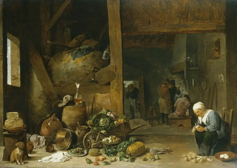 O interior de uma cozinha com uma idosa descascando nabos - David Teniers o Jovem
