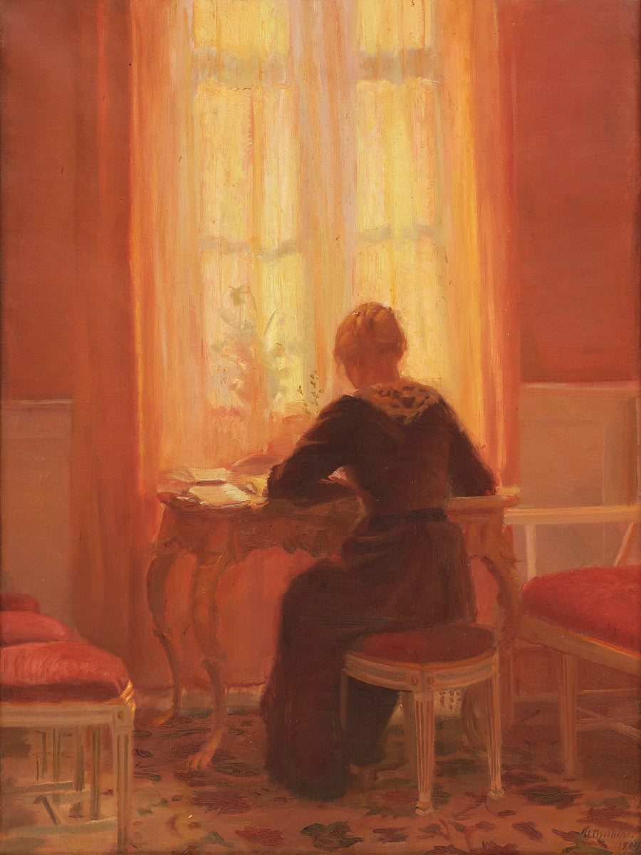 A sala vermelha - Interior com Helga, a filha do artista. - Anna Ancher