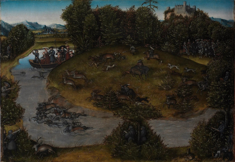 A caça ao cervo do eleitor Frederico, o Sábio (1463-1525) da Saxônia - Lucas Cranach, o Velho