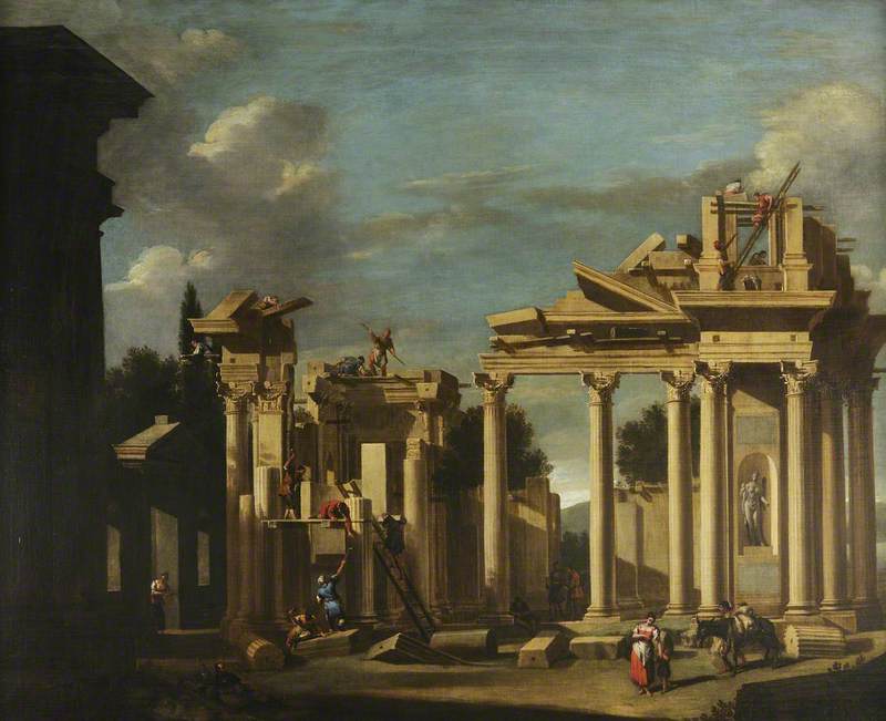 A construção de um templo clássico em uma paisagem - Sebastiano Ricci