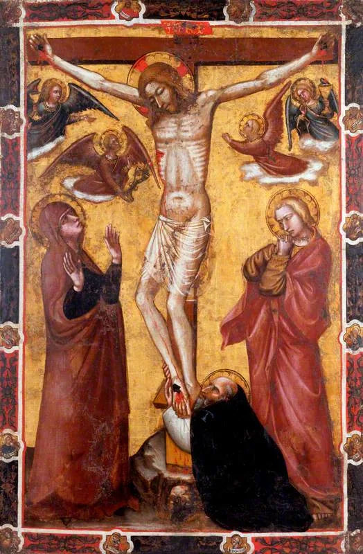 A Crucificação com a Virgem e São João; São Antônio Abade aos pés da cruz (um lado de uma bandeira processional) (antigamente atribuída a Barnaba da Modena) - Spinello Aretino