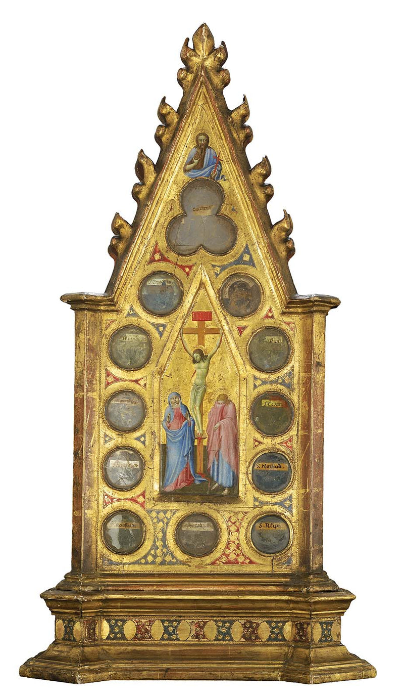 A Crucificação com a Virgem e São João, com São João Batista (acima); um santo franciscano em oração diante de uma visão de Cristo e dos santos, com um santo (acima) (frente e verso) - Mestre do Osservanza