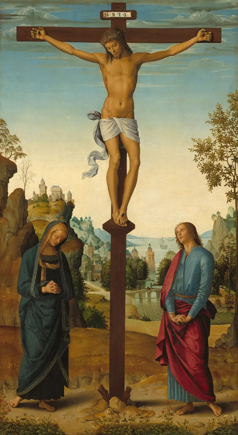 A Crucificação com a Virgem, São João, São Jerônimo e Santa Maria Madalena [painel do meio] - Pietro Perugino