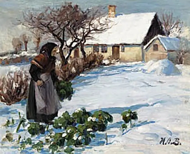 A mulher de um fazendeiro colhendo repolho no jardim no inverno. - H. A. Brendekilde