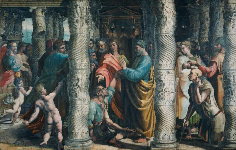 Reproduction du tableau « La guérison de l'homme boiteux - Raphaël Sanzio » par Alpha Reproduction en peinture à l’huile
