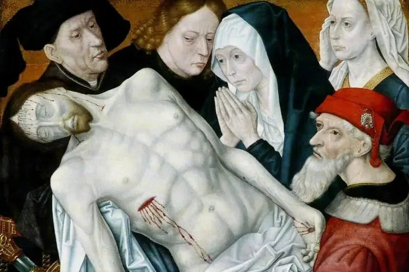 A Lamentação, o Cristo morto sustentado por João Batista, José de Arimateia e Nicodemos com a Virgem Maria e Maria Madalena - Hugo van der Goes