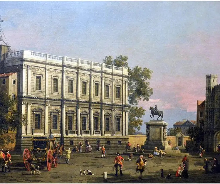 A Casa dos Banquetes e a Porta Holbein, Whitehall, com a estátua equestre do rei Carlos I - Canaletto