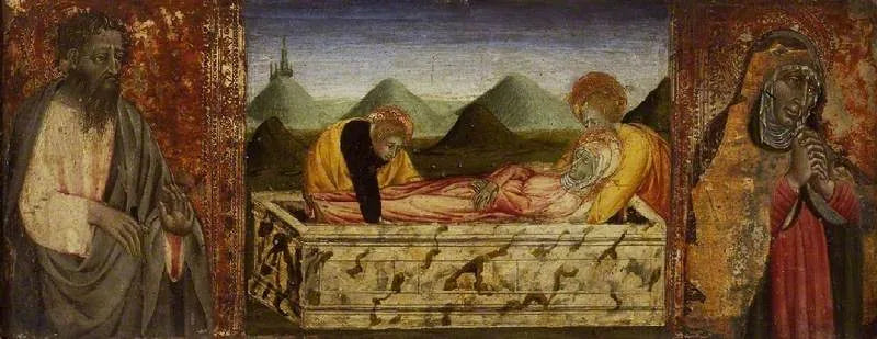 A sepultura da Virgem com São Bartolomeu (à esquerda) e uma santa (à direita) - Giovanni di Paolo