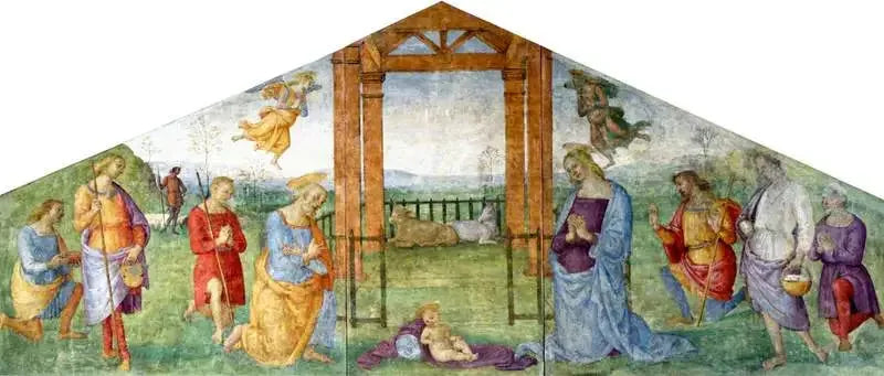A Natividade: A Virgem, São José e os pastores adorando o Menino Jesus - Pietro Perugino