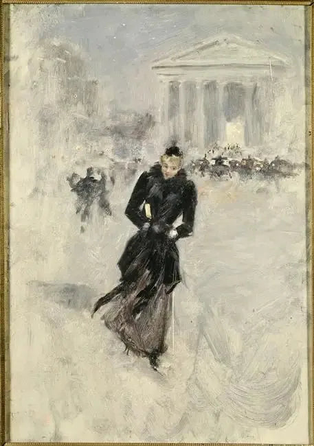 A parisiense na rua Royale, mulher com xale de penas - Jean Béraud