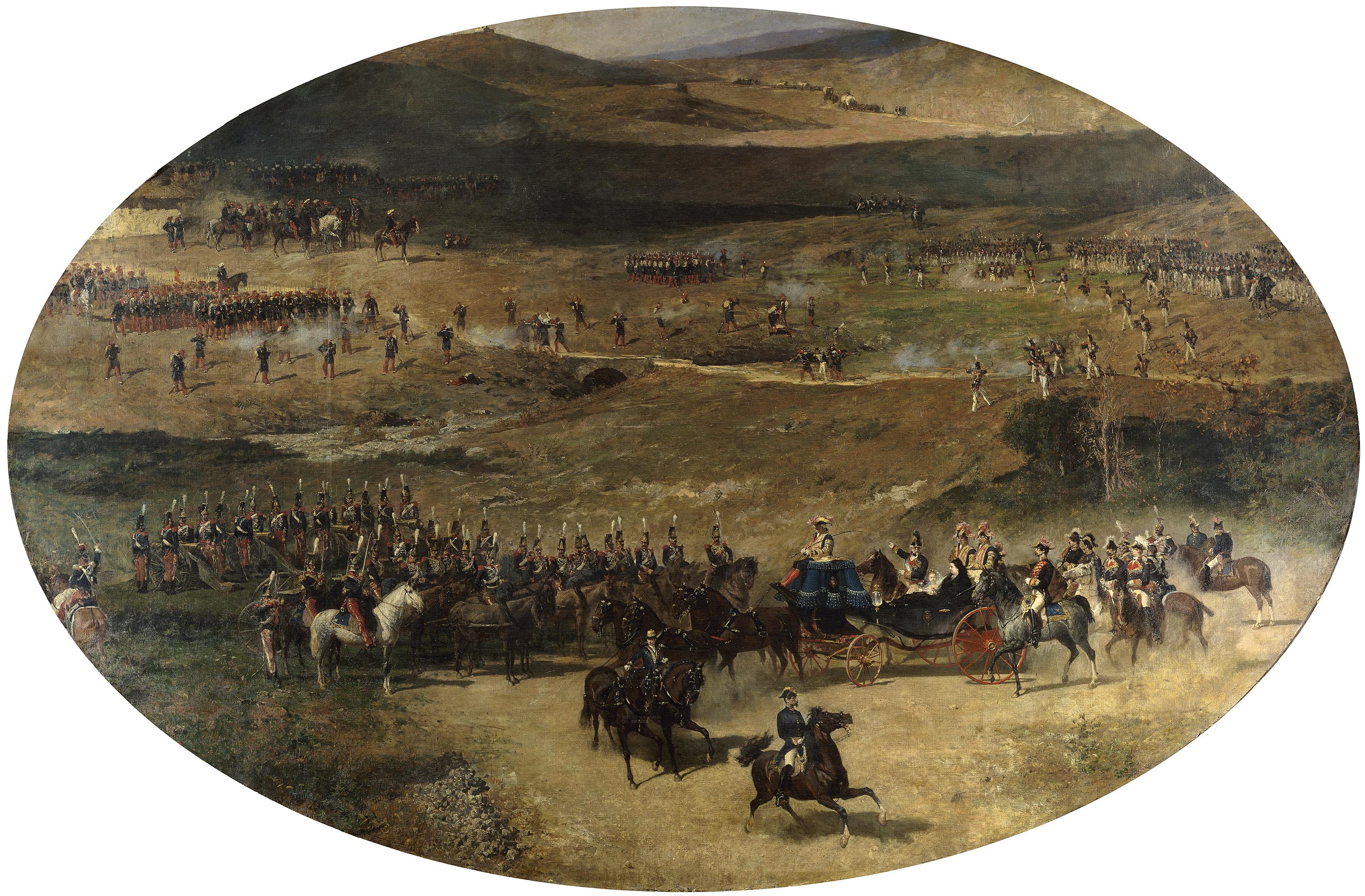 La reine Marie-Christine et sa fille, Isabelle II, passent en revue les batteries d'artillerie défendant Madrid en 1837. - Mariano Fortuny Marsal