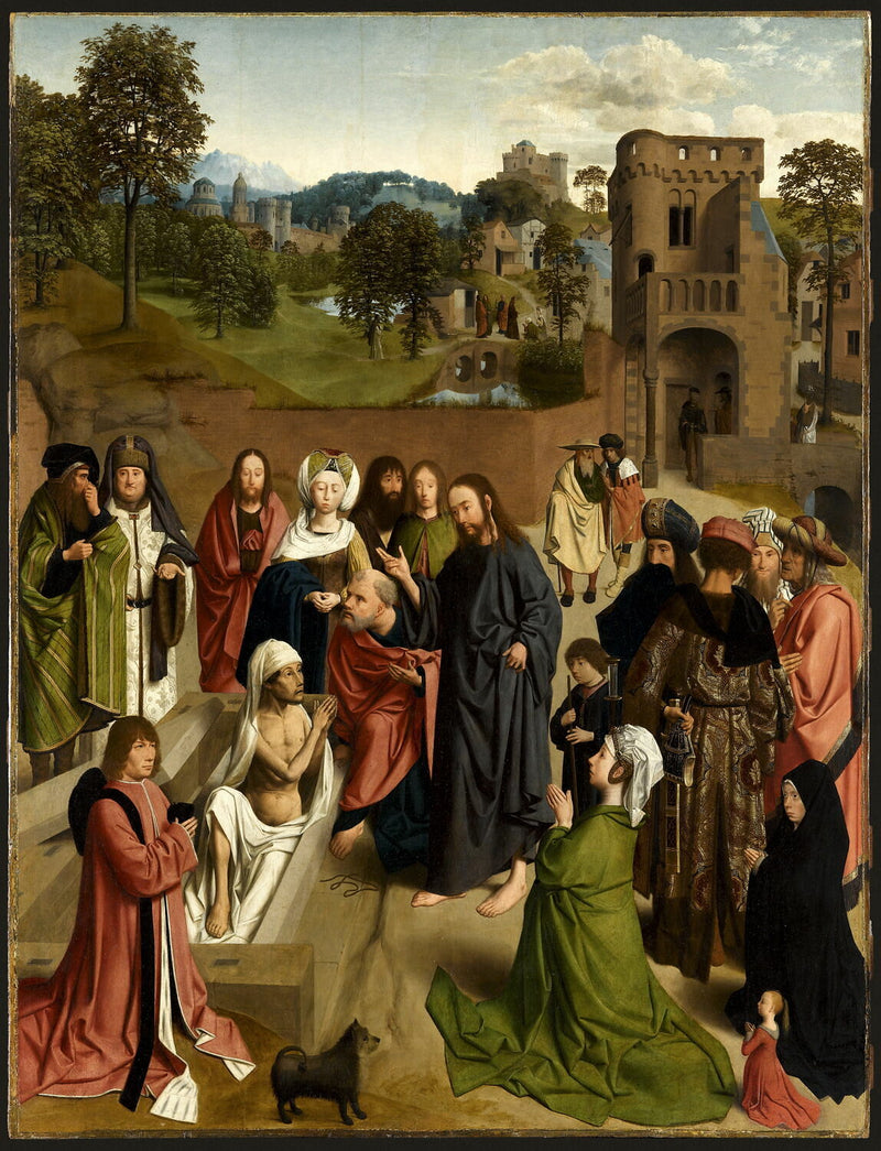 A Ressurreição de Lázaro, com um casal de doadores e sua filha - Geertgen tot Sint Jans