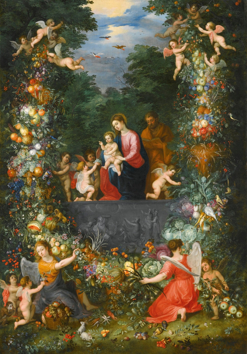 La Sainte Famille avec des anges, entourée d'une guirlande de fleurs dans un paysage boisé - Jan Brueghel le Jeune