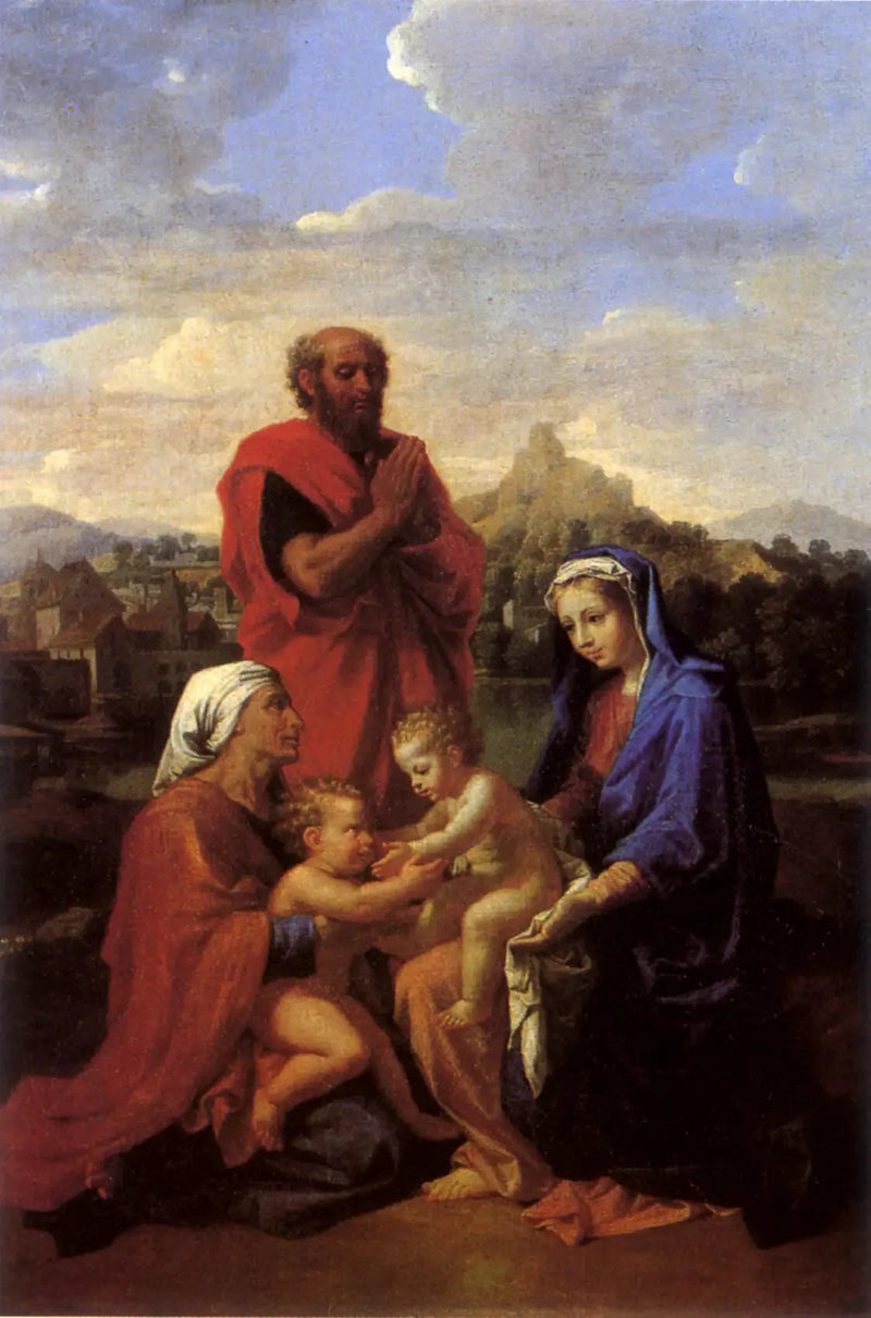 A Sagrada Família com São João, Santa Elizabeth e São José rezando - Nicolas Poussin