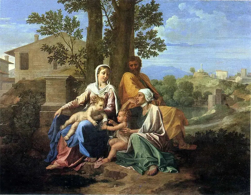 A Sagrada Família com São João e Santa Isabel em uma paisagem - Nicolas Poussin