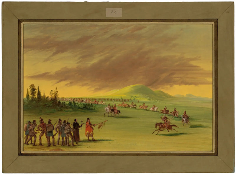 La Salle encontra um grupo de guerreiros indígenas Cenis em uma pradaria do Texas. 25 de abril de 1686 - George Catlin