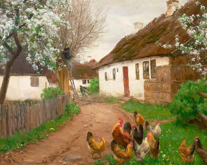 A vida na aldeia em um dia de primavera com pessoas e árvores. - H. A. Brendekilde