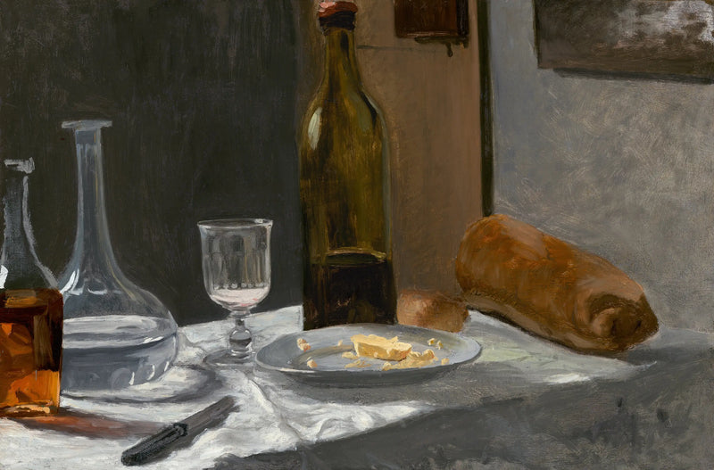 A natureza morta com garrafa, jarra, pão e vinho - Claude Monet