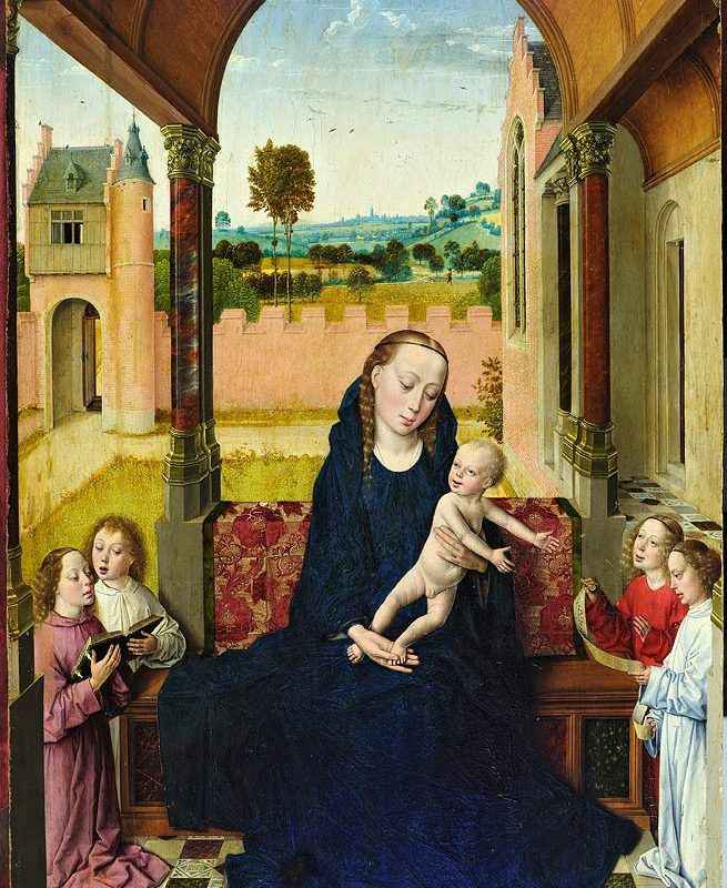 A Virgem com o Menino e anjos em uma loggia - Dirk Bouts