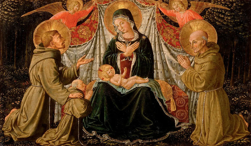 A Virgem com o Menino, São Francisco e o doador Padre Jacopo da Montefalco (à esquerda) e São Bernardo de Siena (à direita) - Benozzo Gozzoli