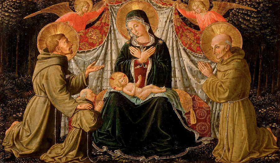 A Virgem com o Menino, São Francisco e o doador Padre Jacopo da Montefalco (à esquerda) e São Bernardo de Siena (à direita) - Benozzo Gozzoli