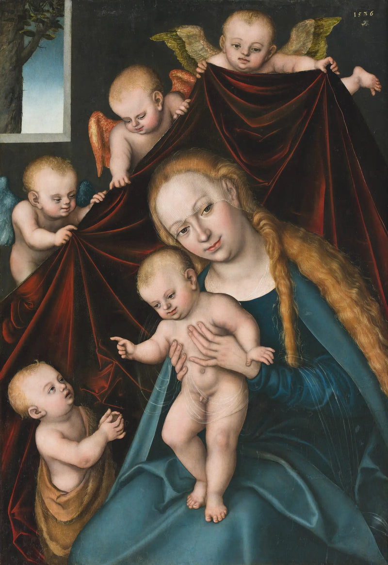 A Virgem com o Menino, São João Batista criança e anjos - Lucas Cranach, o Velho